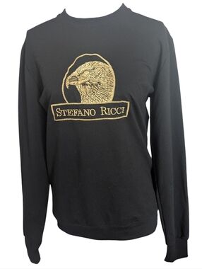 Stefano Ricci Black Crewneck Sweater with Gold Eagle Emblem